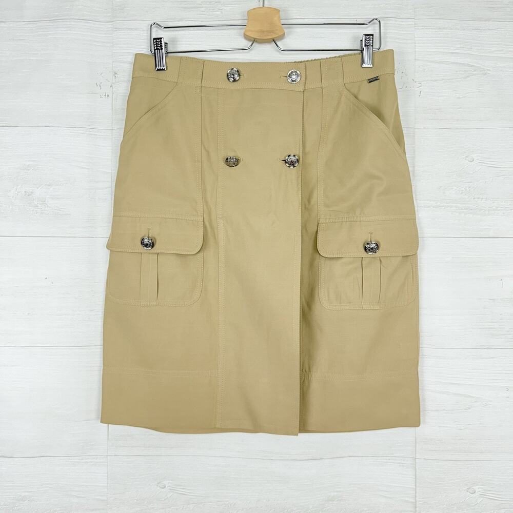 St. John Military Cargo Skirt Pencil Straight‎ Size 10 Khaki Button Front Preppy